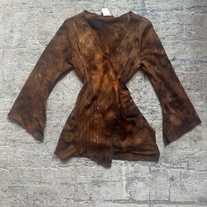 Brown Tie-Dye Bell Sleeve Top